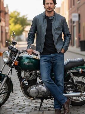 Cosa Nova Vintage Leather Moto Jacket Grey Blue Size 48